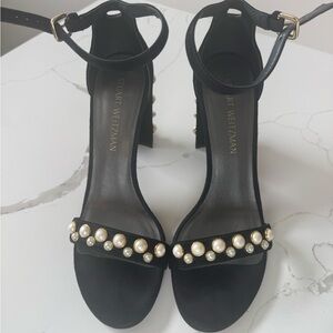 Stuart Weitzman Black High Heel Sandals with Pearl Embellishments